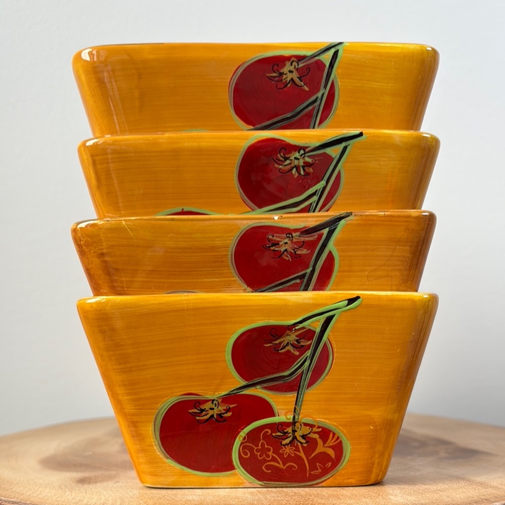 Pier 1 Orange Ceramic Fruit Bowls with Red tomato 🍅 Accent - Set of 4